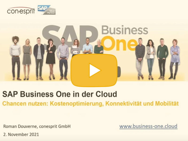 16.11.2021von Roman Douverne, conesprit GmbH

Unser neuestes Video stellt verschiedene Cloud Service Modelle vor und geht insbesondere auf die Vorteile der SAP Business One Cloud ein. Seht selbst, welche Chancen die Cloud für Euch bietet.