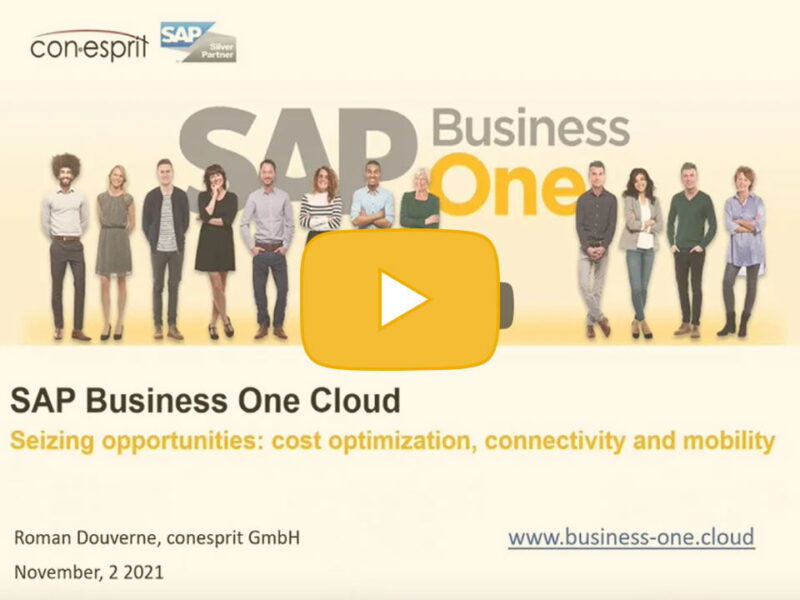 16.11.2021By Roman Douverne, conesprit GmbH

Our latest video introduces different cloud service models and in particular the advantages of the SAP Business One Cloud. See for yourself what opportunities the cloud offers you.