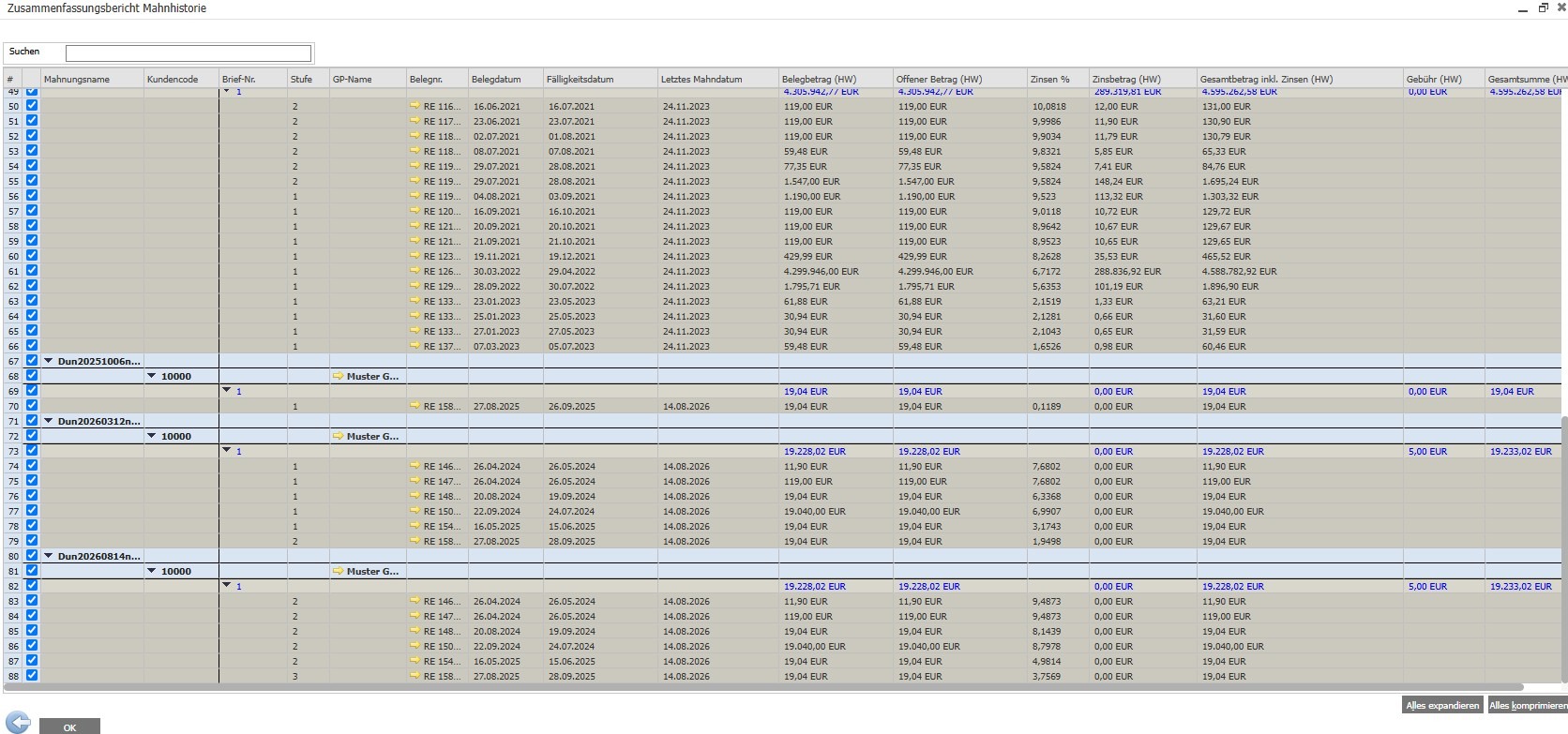 SAP Business One Mahnhistorie Screenshot