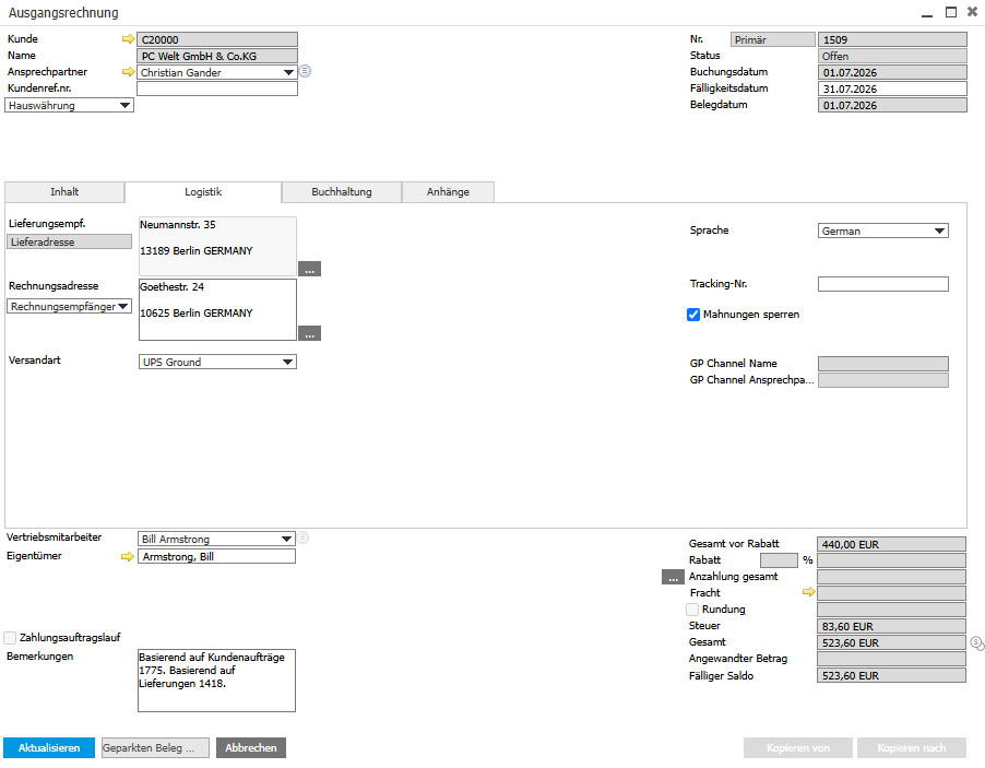 SAP Business One Mahnmethoden Screenshot