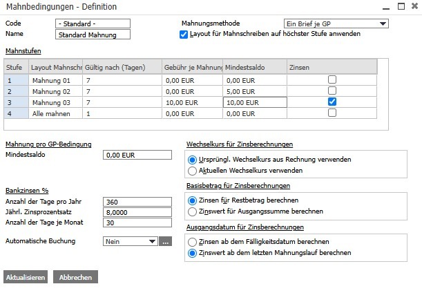Mahnstufen definieren in SAP Business One als Screenshots