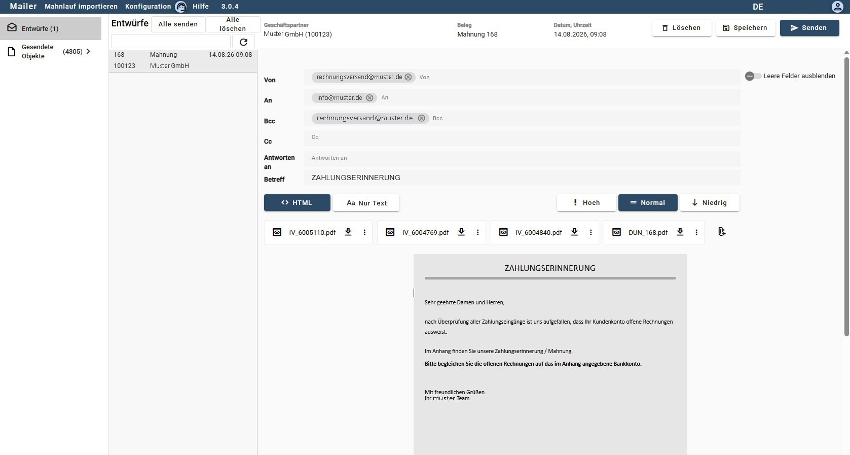 SAP Business One Mahnlauf importieren in Mail als Screenshot