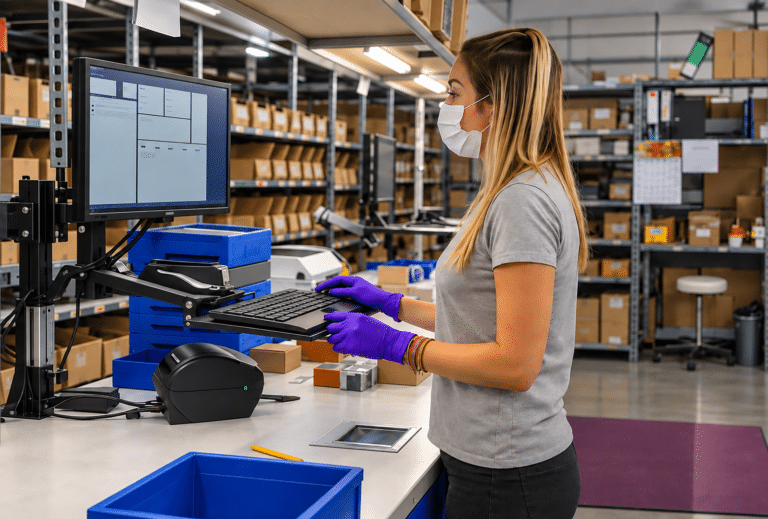 Image of an employee at the fulfillment terminal of SAP Business One and conesprit