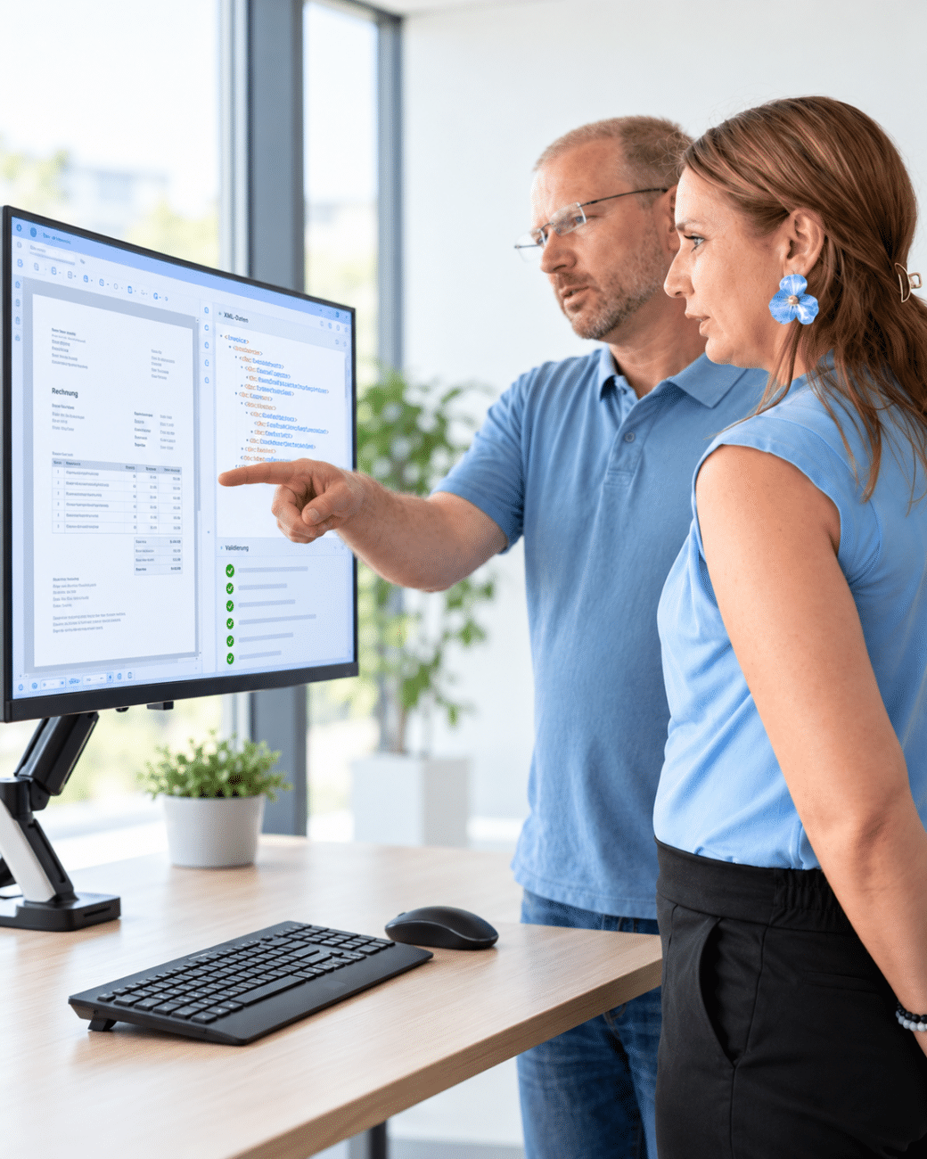Two people are checking an e-invoice and the associated XML data on the screen – the theme for the free conesprit webinar about typical errors in the introduction of e-invoicing.